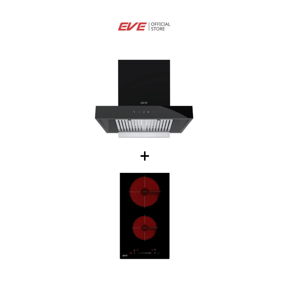 ชุดเซต เตาฝังไฟฟ้าเซรามิค 2 หัว + เครื่องดูดควันแบบติดผนัง EVE HC-LOFTBOX-60 + HB30-2CEM/SC สีดำ ขนาด 60 เซนติเมตร